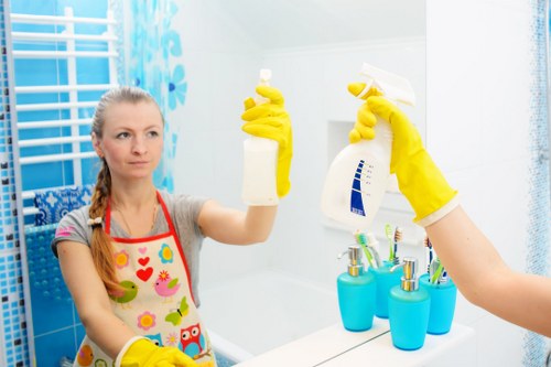 Cleaner assessing carpet cleaning safety before work begins