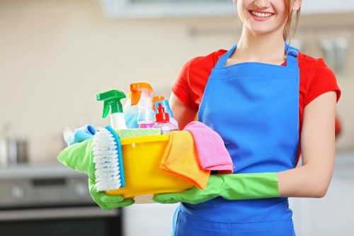 Carpet cleaning team preparing equipment in a protected home environment